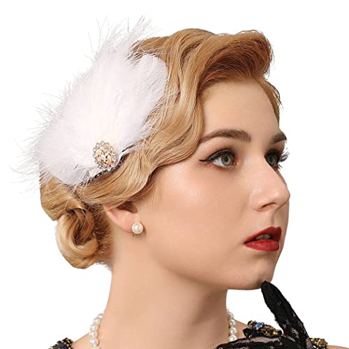 GENBREE 1920s Flapper Headband White Feather Hair Clip Rhinestone Headpiece Prom Party Hair Accessories for Women and Girls