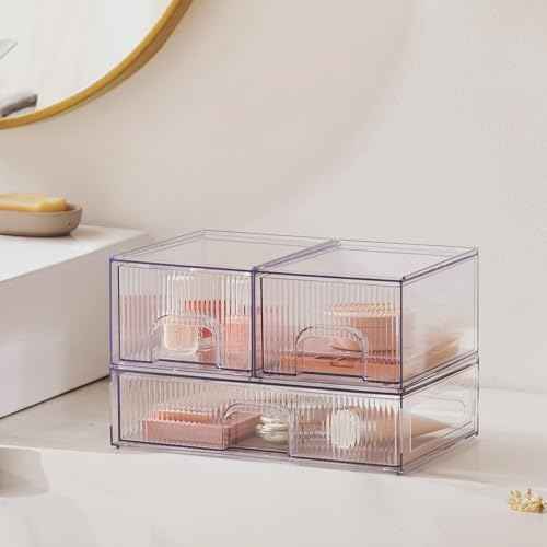 HBlife Stackable Clear Acrylic Storage Drawer Organizer - Set of 3 Makeup and Bathroom Storage Bins - Versatile for Vanity, Undersink, Kitchen, and Office Organization
