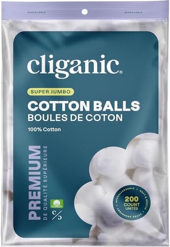 Cliganic Super Jumbo Cotton Balls (200 Count) - Hypoallergenic, Absorbent, Large Size, 100% Pure (Packaging May Vary)