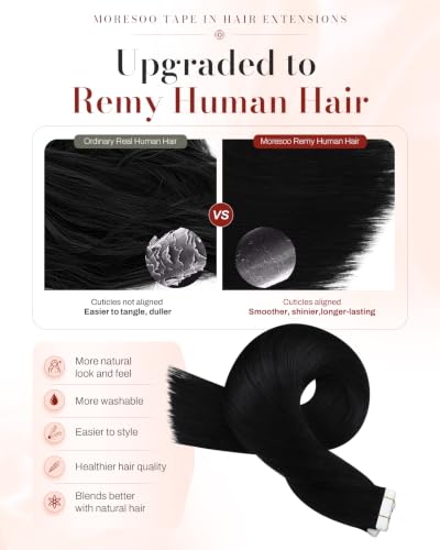 Moresoo Black Tape-in Human Hair Extensions 10 Inch 20 Pieces Seamless Weft