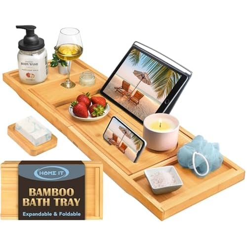 Home It Premium Foldable Bathtub Tray - Bamboo Waterproof Bath Tray for tub Caddy - Wooden Holder for Wine, Book, Soap, Phone, Luxury Gift for Men & Women - Expandable, Fits Most Tubs in Bathroom