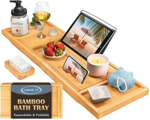 Premium Bamboo Bathtub Tray - Expandable Bath Caddy for Wine, Books & Phones