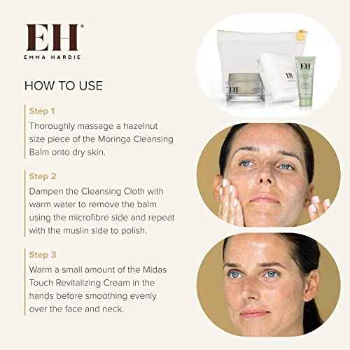 Emma Hardie Starter Kit: Travel Size 50ml Moringa Cleansing Balm, Travel Size 15ml Midas Touch Revitalising Cream & Professional Cleansing Cloth, Packed in a Cosmetic Bag, Natural & Cruelty Free