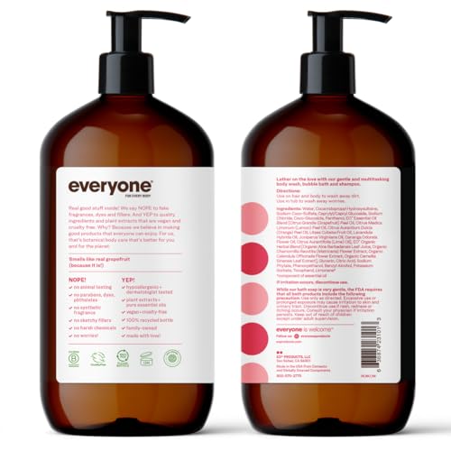 Everyone 3-in-1 Soap, Body Wash, Bubble Bath, Shampoo, 32 Ounce (Pack of 2), Ruby Grapefruit, Coconut Cleanser with Plant Extracts and Pure Essential Oils