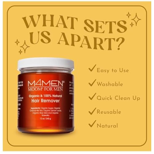 MOOM for Men Organic Hair Removal Kit, 12 oz Sugar Wax with 48 Reusable Fabric Strips, Natural Ingredients