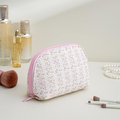 Dome Cosmetic Makeup Bag Small Cotton Quilted Makeup Pouch for Purse Cute Floral Travel Toiletry Zipper Pouch (Two Pack: (Blue Floral+ Pink Floral)