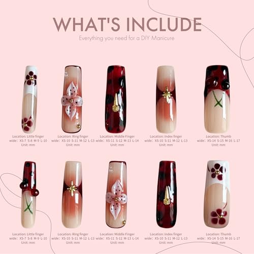 Rouge Sonata 10pcs Press On Nails for Women, Crimson Floral Golden Accent Acrylic UV Gel Wearable Nails, Korean Style Wine Red Gradient Cherry Blossom Fake Nails Set (Dark red, L)