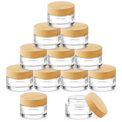 Bumobum 12 Pcs 5 Grams Glass Cosmetic Jars with Plastic Wood-Grain Lids, 5 ml Lip Balm Containers Empty Tiny Sample Jars for Lip Scrub Makeup Eye Cream Travel