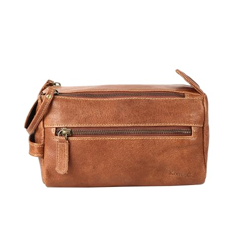 KomalC Premium Buffalo Leather Toiletry Bag for Men & Women With Water resistant Lining, Grooming Travel Pouch, Unisex Wash Bag for Toiletries, Gifts for Men and Women