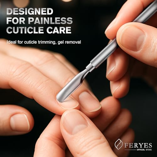 FERYES Stainless Steel Cuticle Pusher & Remover Tool - 5.2" Dual-Sided