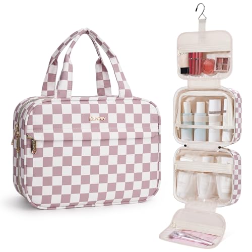 Narwey Hanging Toiletry Bag for Women Checkered Travel Makeup Bag Organizer Cosmetic Make up Toiletries Bag for Travel Essentials Accessories (Dusty Pink Checkerboard, Medium)