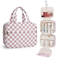 Narwey Hanging Toiletry Bag for Women Checkered Travel Makeup Bag Organizer Cosmetic Make up Toiletries Bag for Travel Essentials Accessories (Dusty Pink Checkerboard, Medium)