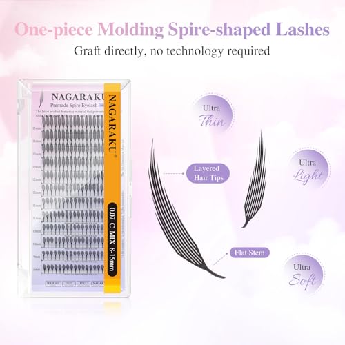 NAGARAKU Premade Spire Eyelash Extensions, 5 Trays in 1 Pack Air Series Feather Shape Manga Anime Lashes Volume Soft Black Flat Root Spikes Fans Eyelashes DIY Clusters Lash-0.07 C Curl 8-15mm Mix