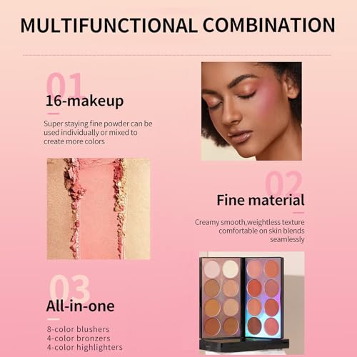 Joyeee 16-Color Blush Contour Highlighter Palette with Brush