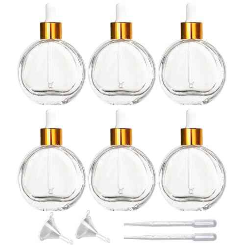 6Pcs, 2 oz Glass Dropper Bottles for Essential Oils,60ml flat round perfume bottle with Eye Droppers,for Essential Oils,Perfumes, Serums - Leakproof for Travel (Clear)