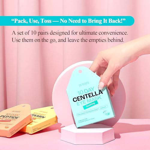 Petitfee 10 DAY Eye Mask Centella 20pcs (10pairs) - Soothing Eye Patch, Calming Eye Area with Madecassoside, Centella Asiatica Extract, Asiaticoside, travel friendly, lightweight