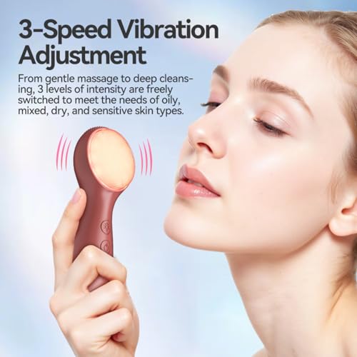 Facial Cleansing Brush Electric, Silicone Heated Face Scrubber with 7 LED Lights, Rechargeable Vibration Exfoliating Cleanser for Deep Cleaning & Gentle Massage, Skin Care Tool, Ideal Gift (Purple)