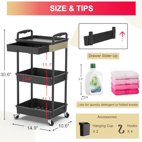Goovilla Black 3-Tier Rolling Utility Cart with Removable Drawer
