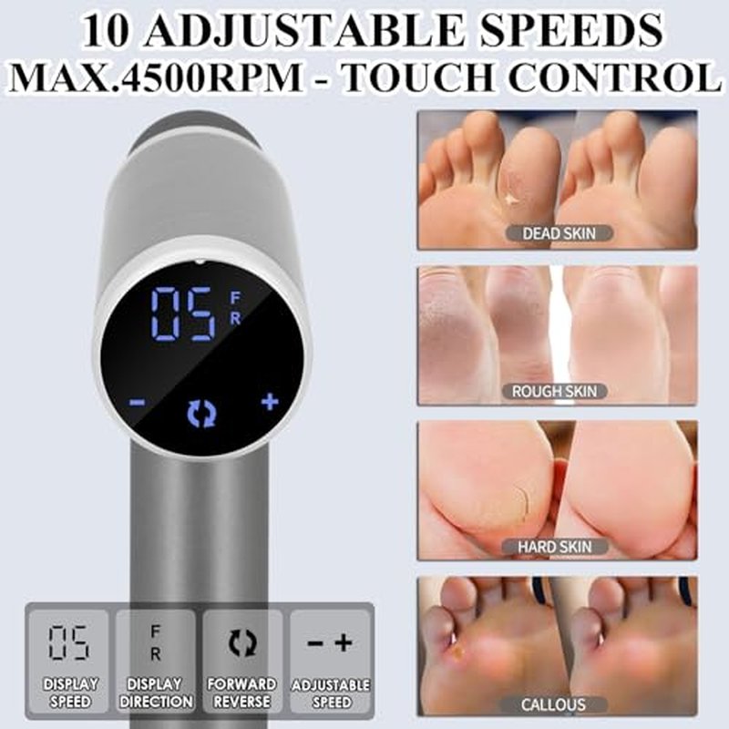 Electric Callus Remover for Feet - 10 Speed, 4500RPM, Gray