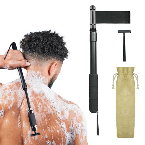 Safety Razor Extension Handle with Adjustable Length for Leg Razor,Back Shaver for Men,Multi-Function Extension Shaver Handle can be Fitted Lotion Applicator,Hair Brush for Wet or Dry - Black