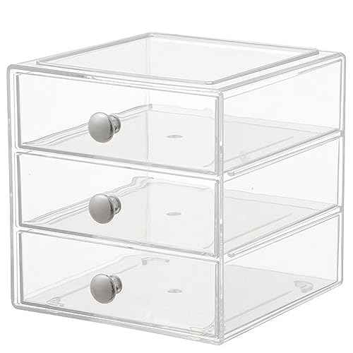 Makeup Drawer Organizer Box with 3 Drawers, Acrylic Cosmetic Display Case Vanity Organizer Jewelry Storage Box Stackable Storage for Cosmetics, Skin Care, Bathroom, Countertop, Silver Handle