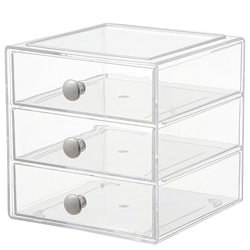 Makeup Drawer Organizer Box with 3 Drawers, Acrylic Cosmetic Display Case Vanity Organizer Jewelry Storage Box Stackable Storage for Cosmetics, Skin Care, Bathroom, Countertop, Silver Handle