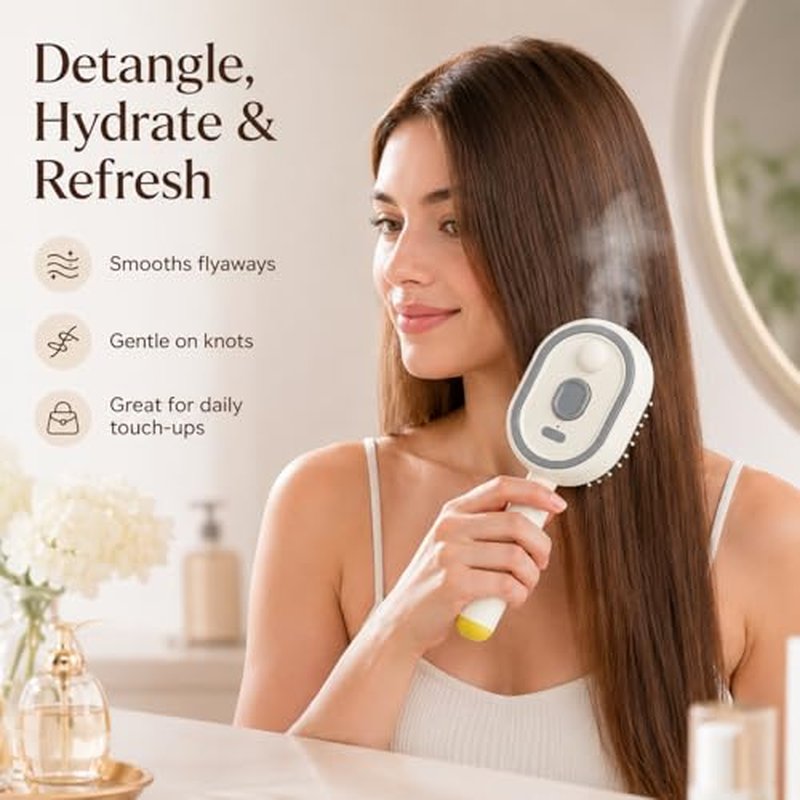 Electric Nano Mist Hair Brush, Rechargeable 3-in-1 Detangler