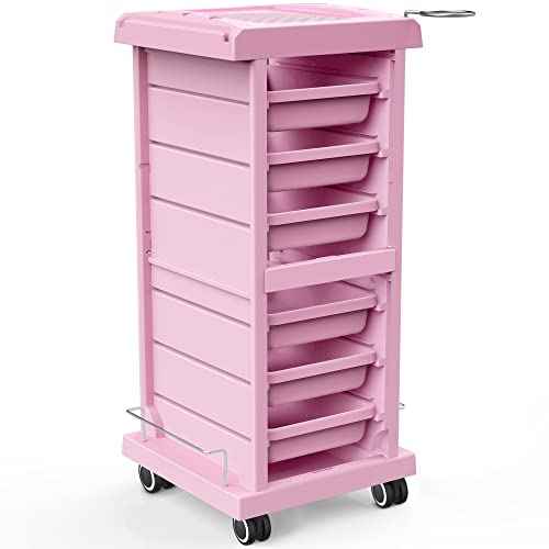 TASALON Salon Trolley - Space Saving Rolling Cart for Extra Storage - 6-Tray Multipurpose Salon Cart - Tattoo Tray - Pink