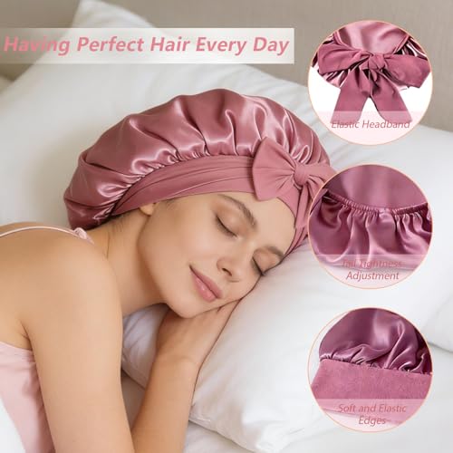 Silk Satin Bonnet for Women with Elastic Tie - Large Sleep Cap for Curly Hair - Bean Paste Variation