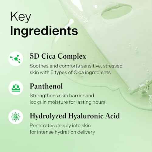 Torriden BALANCEFUL Cica Facial Masks (10 sheets) | Extra Soothing Care | 5D CICA, Hydrolyzed Hyaluronic Acid, Panthenol | Korean Face Mask