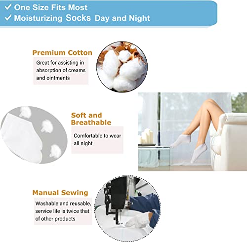 Moisturizing Socks Over Night Bedtime White Cotton | Cosmetic Inspection Premium Cloth Quality | Dry Sensitive Irritated Skin Spa Therapy Secure| One Size Fits Most (6 Pairs)