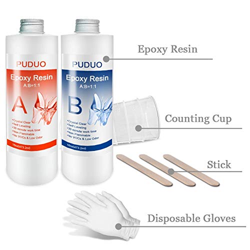 32 OZ Epoxy Resin Clear for Resin Molds, Resin Epoxy Starter Kit, 2 Part Resin for for Jewelry- Including Resin and Hardener (Each 16OZ) with 4 pcs Measuring Cups, 3pcs Sticks, 1 Pair Glove…