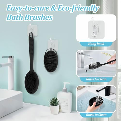 Silicone Back & Body Scrubber Set - Dual-Side, 13.4'' Long Handle