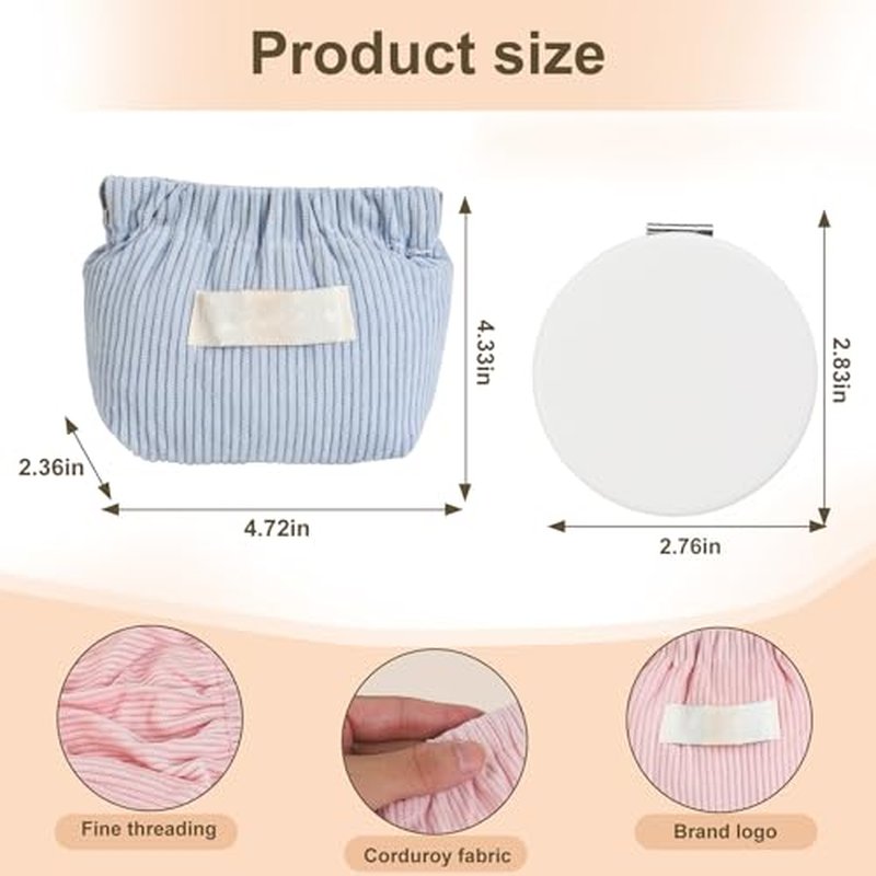 7-IN-1 Corduroy Makeup Bag Set (6 Bags + 1 Mirror), Squeeze-to-Open Mini Pouch for Purse, No-Zipper Corduroy Cosmetic Bag for Hair Ties & Lipsticks, Aesthetic Travel Organizer for Women