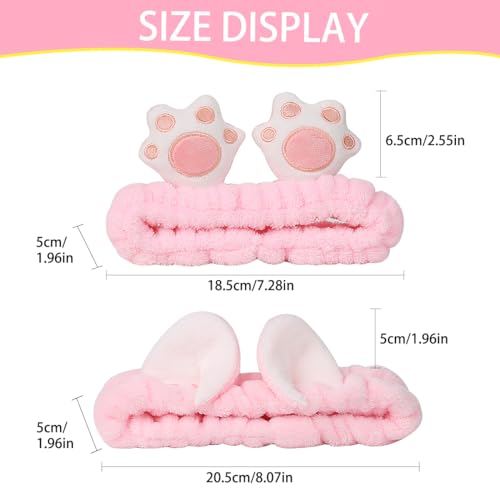 NENMATTE Cat Ears Spa Headband Plush Cat Paw Makeup Headband for Women Girl,Fluffy Wash Face Hair Bands Cartoon Cute Headbands 2 Pcs Microfiber Soft Coral Fleece Skincare Hair Bands…