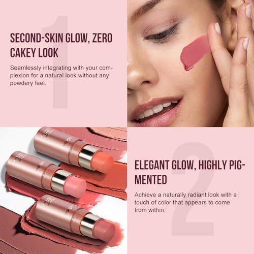 Multi-Use Makeup Cream Blush Stick, Unidollss 3-in-1 Buildable Blush Stick for Cheeks, Eyes, and Lips, Hydrating formula, All day wear, Easy Application with Thumb Puff Included (04 FLIRT)