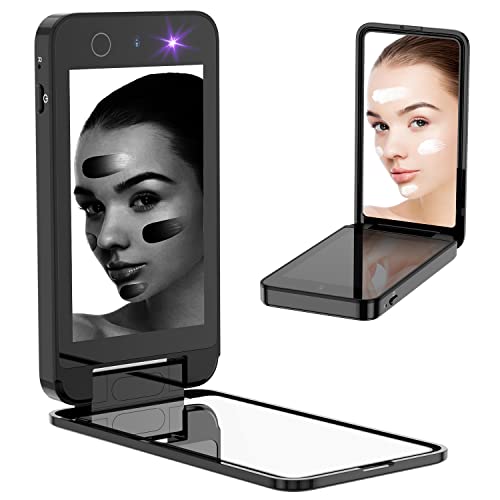 Compact UV Mirror with UV Camera for Sunscreen Test, 4 Inch Rechargable Travel Mirror Handheld Double-Sided Pocket Mirror for Skin Protection