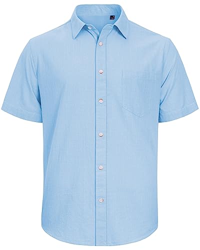 J.VER Men's Short Sleeve Linen Button Down Shirt Casual Beach Wedding Shirt with Pocket Sky Blue Medium