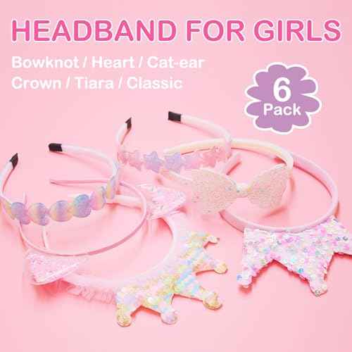 Headbands for Girls 6 Pack Toddler Headbands Glitter Kids Hairband Cat Bow Heart Star Crown Hair Accessories for Toddler Girls Teens