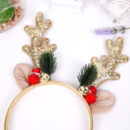 TIMMOKO Christmas Headbands for Women Girls Gold Elk Antler Hair Bands Teddy Bear Ear Headband with Jingle Bells Glod Glitter Full Cover Hair Bands Christmas Headbands