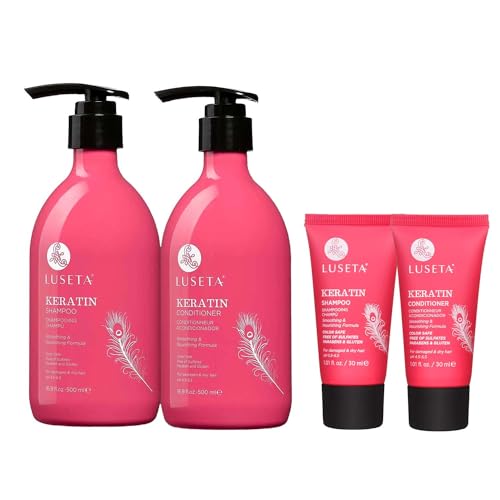 Luseta Keratin Shampoo & Conditioner Set for Damaged Hair 16.9 Fl Oz + 1.01 Fl Oz Pack of 4