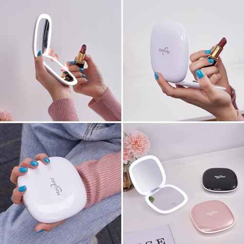 Mocado Compact LED Magnifying Travel Makeup-Mirror - 4 inches 1X/10X Magnification Small Hand Pocket Dimmable Double Sided USB Rechargeable Touch Screen, Portable Tabletop Cosmetic (White)