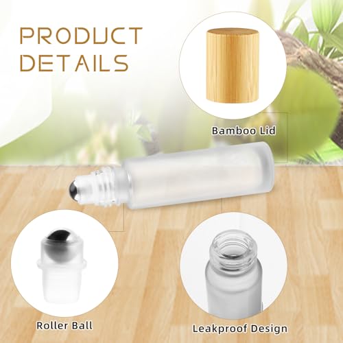 Cositina 24 Pcs 10ml/0.34oz Glass Roller Bottles Refillable Perfume Bottles with Roller Balls & Bamboo Lids for Travel Essential Oils - White Frosted