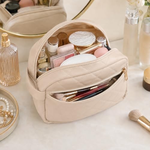 Quilted Travel Makeup Bag for Women - Double-Layer PU Leather Organizer