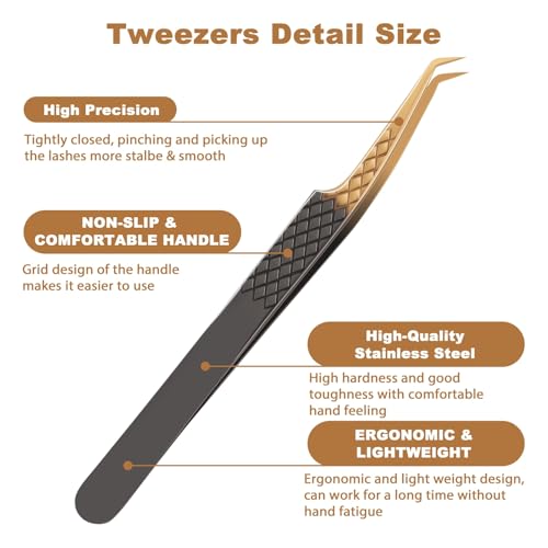 Lash Tweezers for Eyelash Extension, Set of 4 Lash Extension Tweezers with Diamond Grip, High Precision Eyelash Tweezers Set for Volume & Classic Lashes