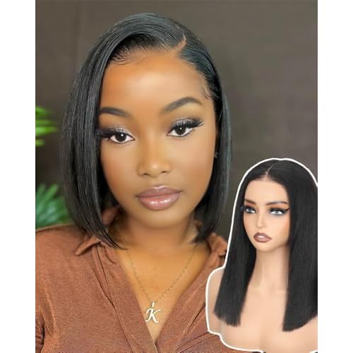 Yaki Straight Bob Human Hair Wigs 9x6 Bye Bye Knots HD Lace Front wig Glueless Wigs Human Hair Pre Plucked Pre Cut Pre Everything Yaki Bob 180% Density 10Inch