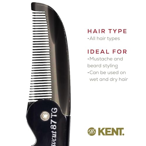 Kent 87T Black Graphite Handmade Folding Pocket Comb for Men, Fine Tooth Hair Comb Straightener for Everyday Grooming Styling Hair, Beard or Mustache, Saw Cut Hand Polished, Made in England (3 Pack)