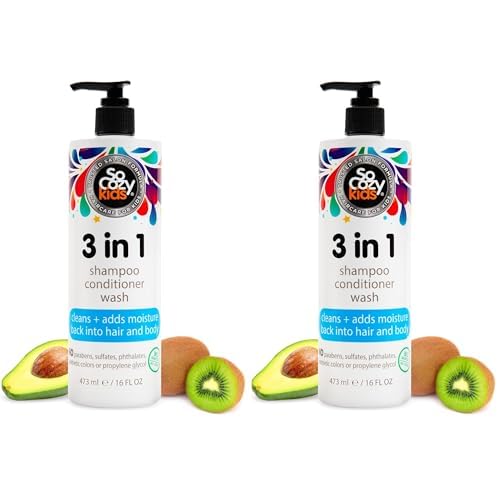 SO COZY 3 in 1 Kids Shampoo + Conditioner + Body Wash (16 Fl Oz) Gentle,Hydrating Hair & Body Cleanser with Keratin,Vitamin B5,& Kiwi Extract,Paraben-& Sulfate-Free,(Pack of 2)