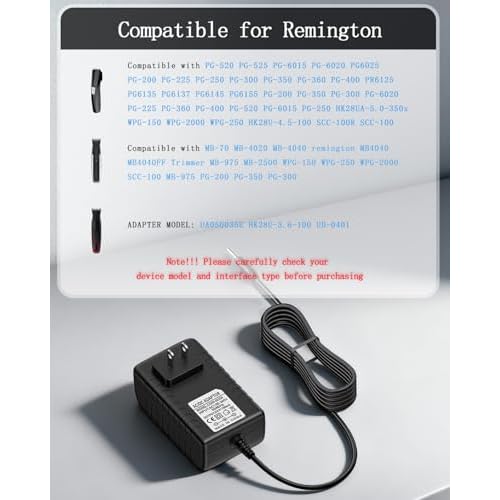 Charger for Remington Shaver PG250 PG525 PG6025 MB4040 MB4045A for Remington Beard Trimmer PG6135 PG6060 PG6015 Replacement Adapter Power Supply Power Cord