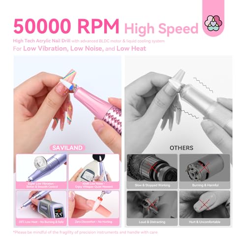 SAVILAND 50000RPM Pink Electric Nail Drill Kit for Acrylic Nails - Light Pink